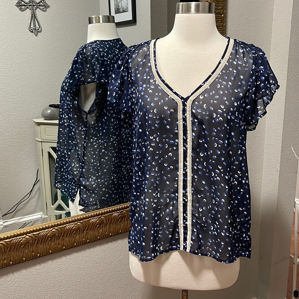 Collective Concepts Navy Blue Printed Sheer V-Neck Blouse